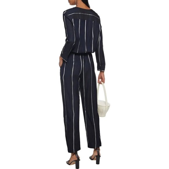 NWT MAJE PANTI Jumpsuit Navy w Silver Metallic Pinstripes LS SZ 4 MSRP $379